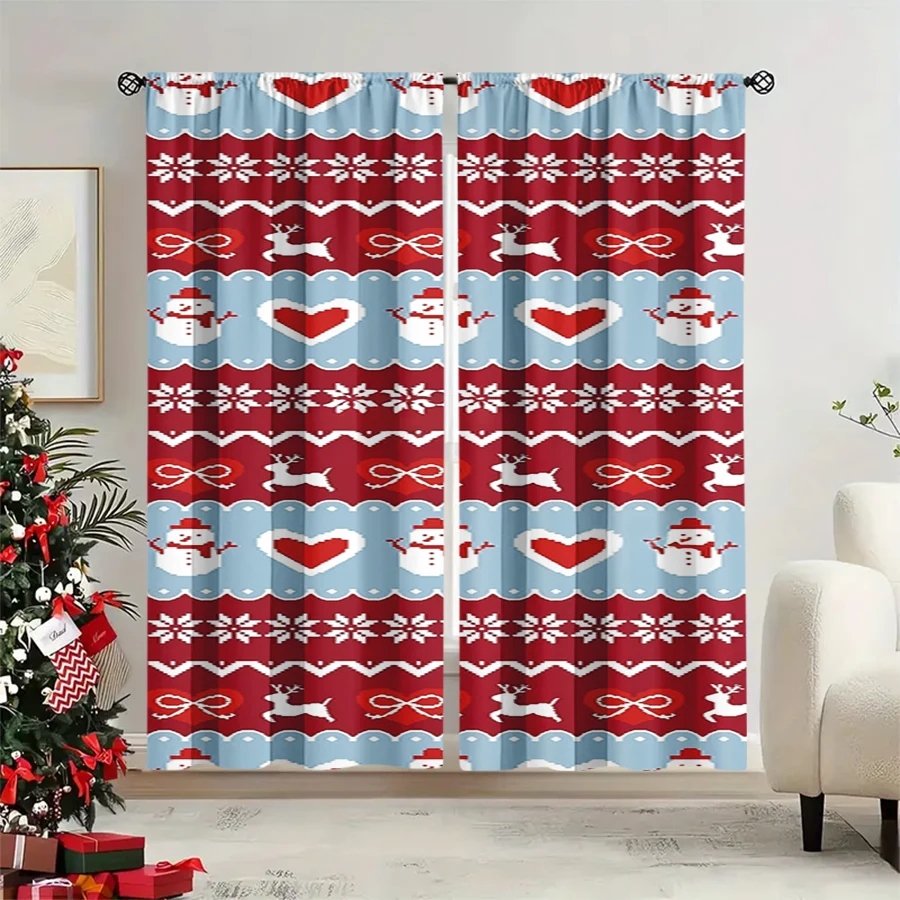 2PCS Christmas Winter Curtains, Fair Isle Knit Snowman Reindeer Heart Snowflake, Digital Print, Bedroom Living Room, Home Decor