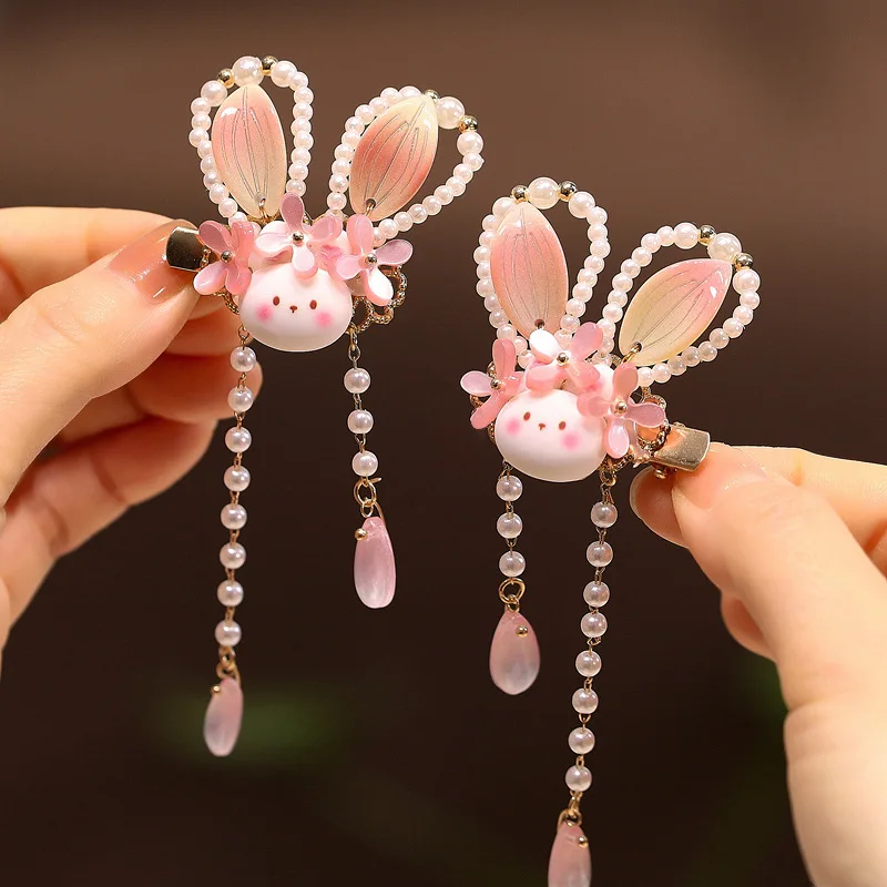 

Chinese Style Children's Hairpin Baby Antique Tassel Headdress Hanfu Hair Accessories Beaded Pearl Rabbit Ears Chinese Style