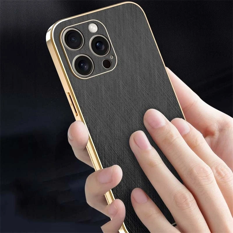 6D Plating Gold Silk Leather Texture Phone Case For iPhone 16e SE 4 Tough Electroplated Cover For Apple 16 15 Pro Max 13 14 Pro