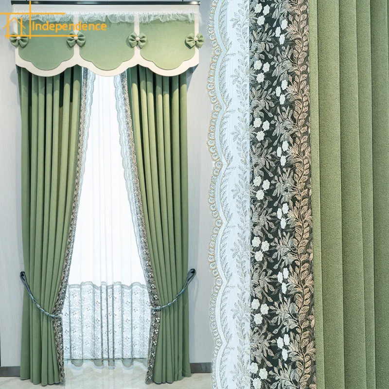 Green Pastoral Lace Embroidered Splicing Window Screen Chenille Thickened Curtains for Living Room Bedroom Floor To Ceiling