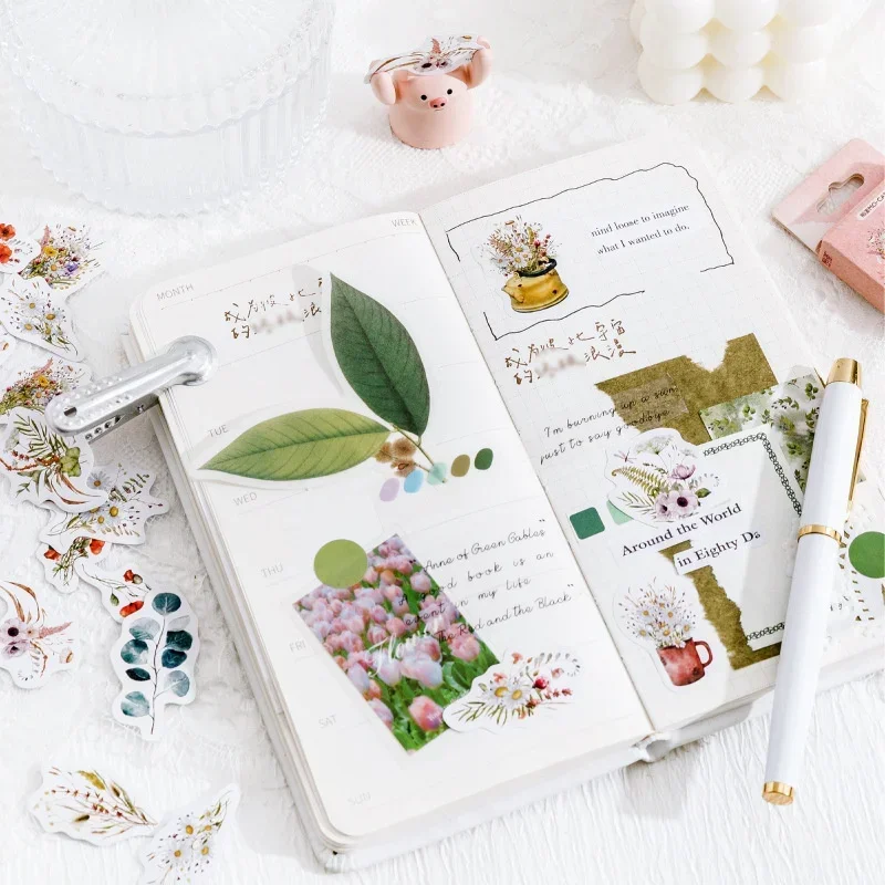 46Pieces Box stickers Four Seasons Flowers Fresh Plant Illustrated Handbook Material Seal Label Notebook Scrapbook cut 4CM