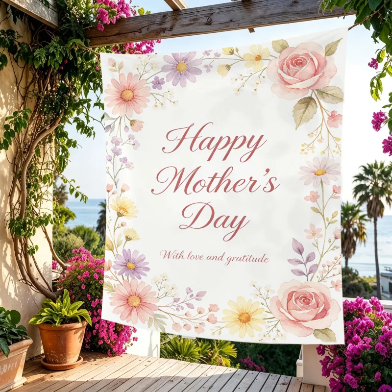 Happy Mother's Day Pink Blue Flower Tapestry, Watercolor Rose Heart Balloon Polyester Wall Hanging, Party Decoration
