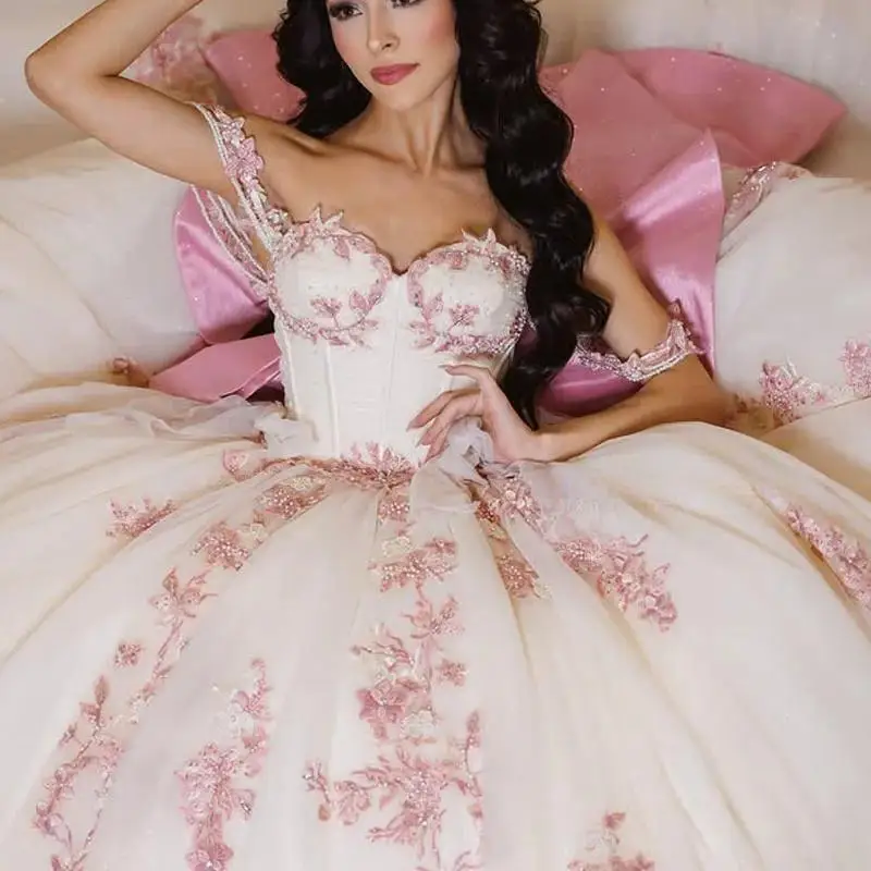 

Customized Pink Ball Gown Quincenara Dreses Sparkly Beading Sequin Appliques Sweet 16 Dress Princess Vestidos De 15 XV Años