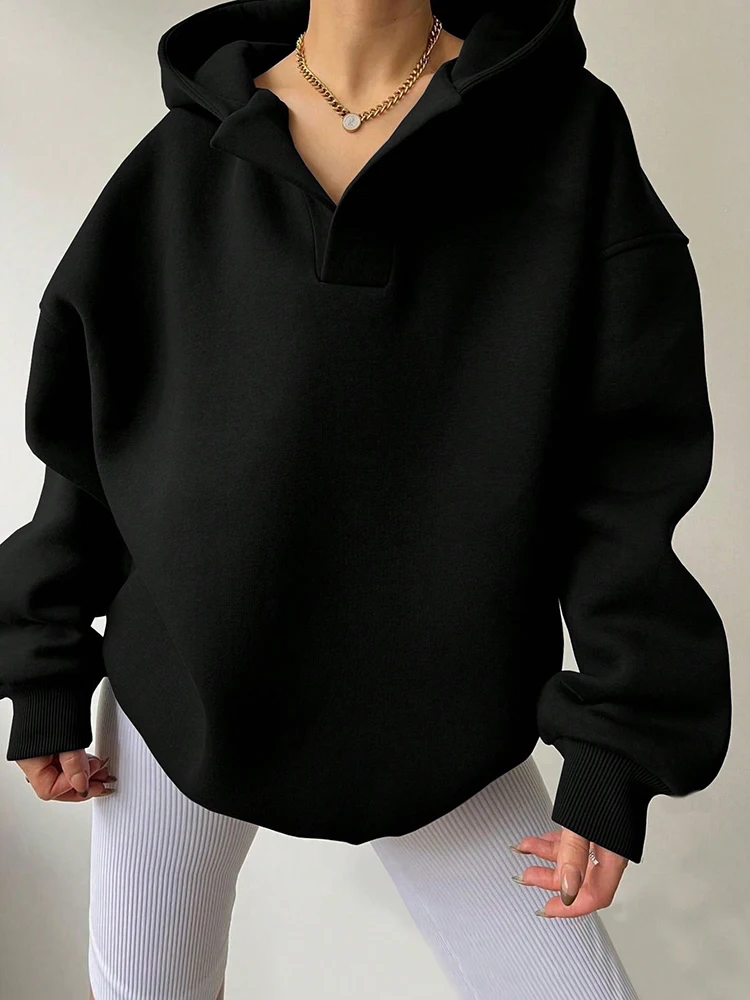 CHICEVER Minimalist Hoodies For Women Button Up Collar Long Sleeve Loose Casual Solid Sweatshirt Female Clothes Autumn New Style
