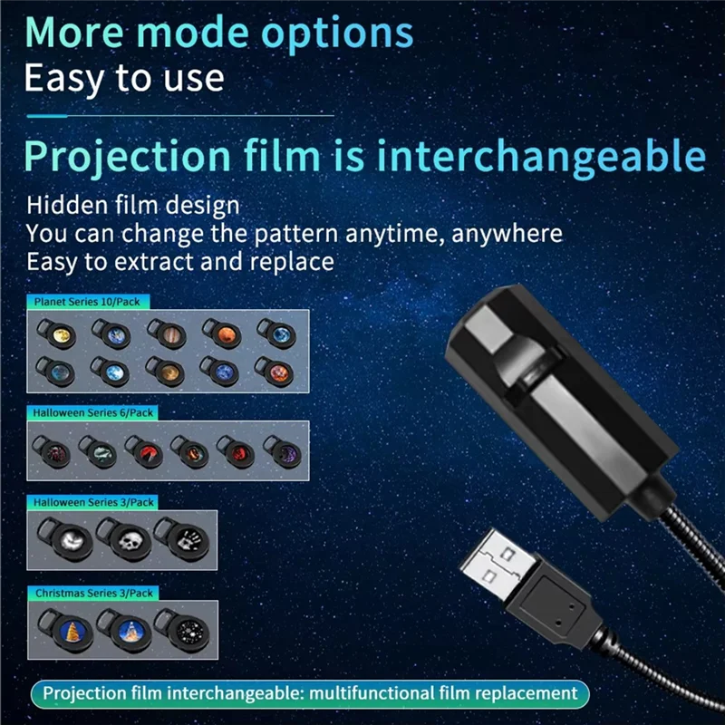 ABKY-USB Projector Light 360 Rotating Switchable Pattern Halloween Skull Nightlight Ghost LED Atmosphere Mood Lamp