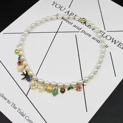 Vintage Crystal Wallow Beetle Butterfly Flowers Tassel Pearl Choker Necklace