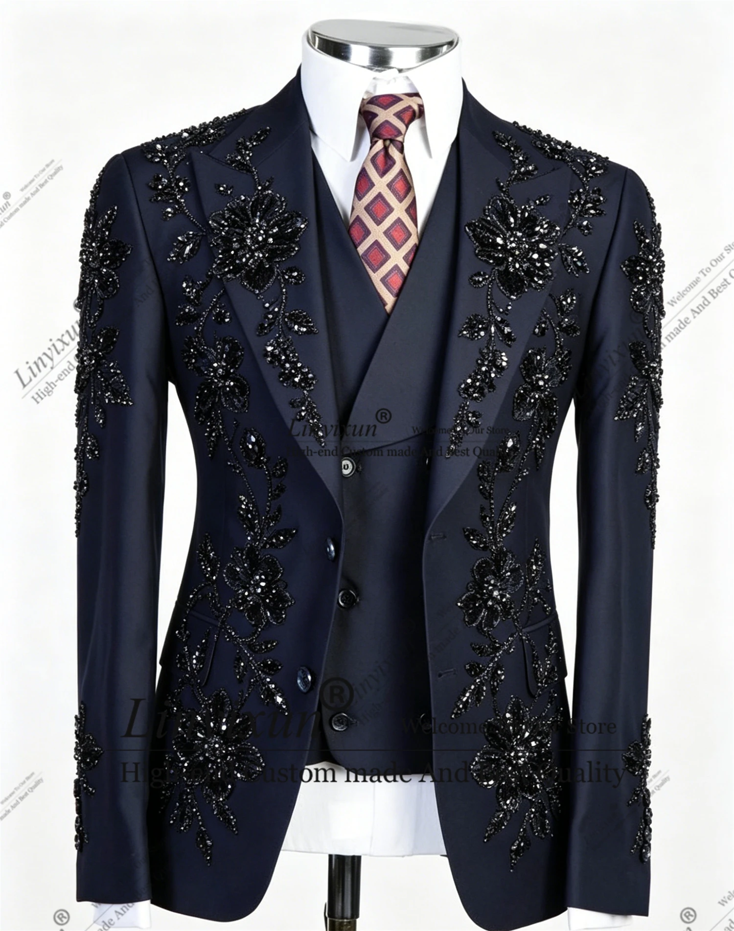 Elegant Suit For Man Crystal Black Tuxedo Handmade Costume Prom Blazer Wedding Groom Tuxedo Set 3pcs men's suits and separates