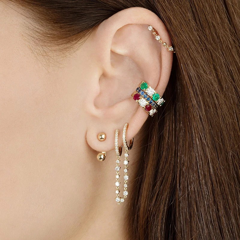 YUXINTOME 925 Sterling Silver Ear Needle Colorful Zircon CZ Ear Cuff Earring No Piercing Clips Women Rock Punk Earring Jewelry