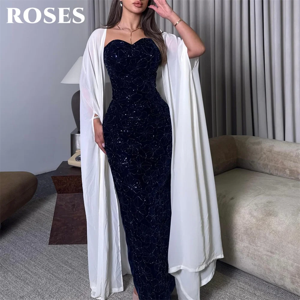 ROSES Navy Blue and Beige Evening Dress Strapless Prom Dress with Shawl Party Dress Wrap Hips Gala Dress for Women Customized