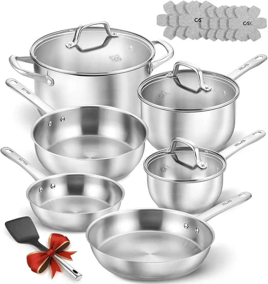 Stainless Steel 17-Piece Cookware Set Featuring a Triple-Ply Base