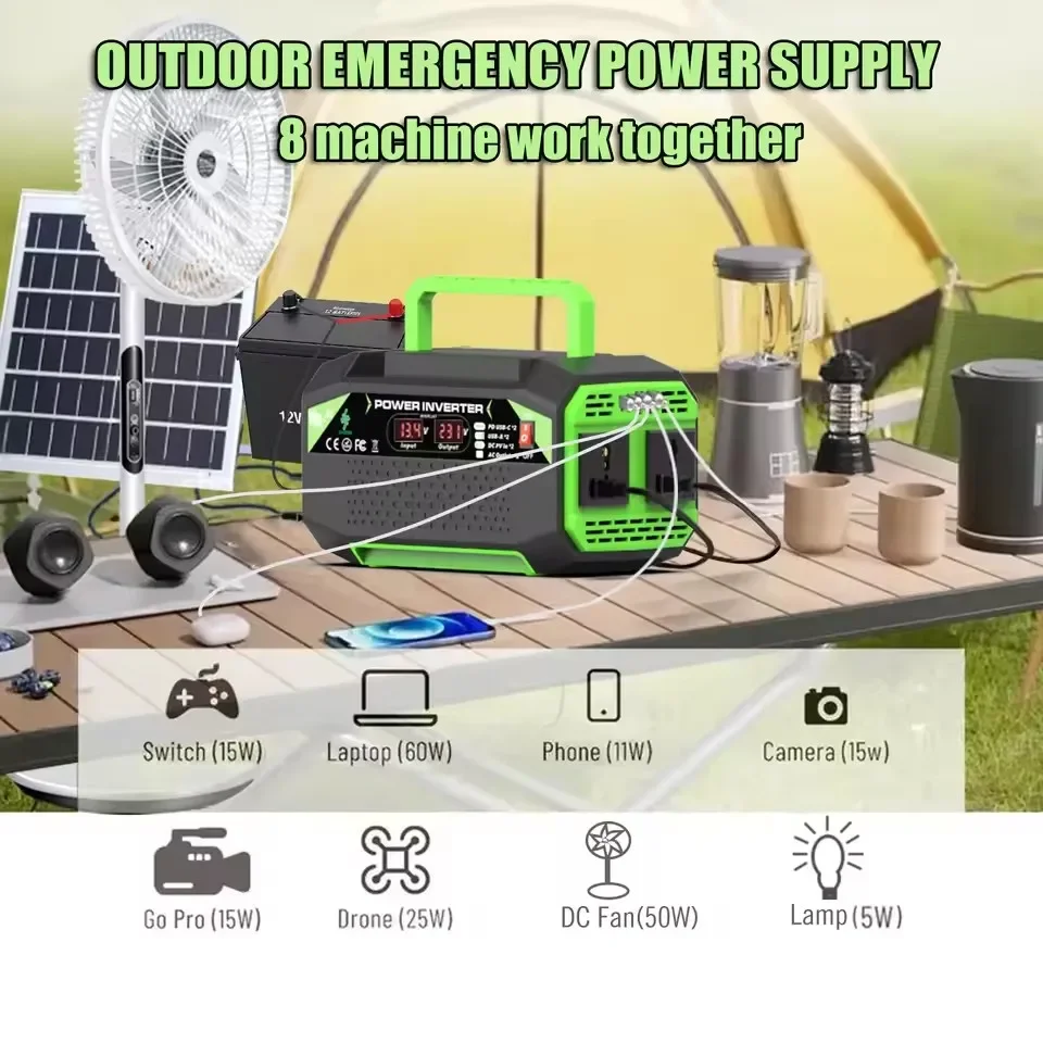 500W power inverter, DC 12V to AC 110V/220V voltage converter, with USB and Type-C ports, suitable for laptops and outdoor use