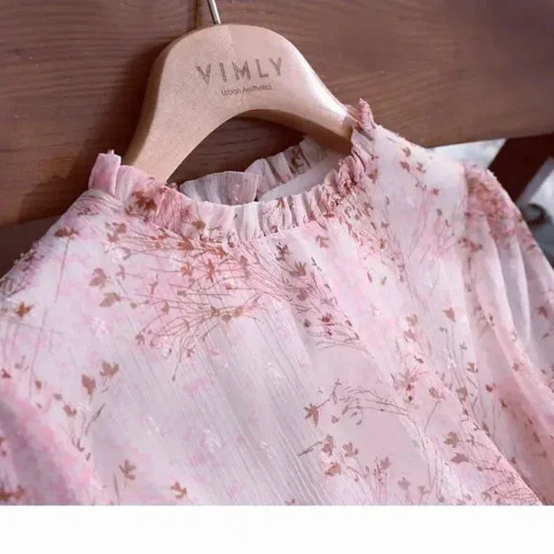 

Printed Minimalist Casual Long Sleeve Blouses Shirts 2025 Autumn Women's Small Fragrant Puff Sleeve Splicing O-Neck Fashion