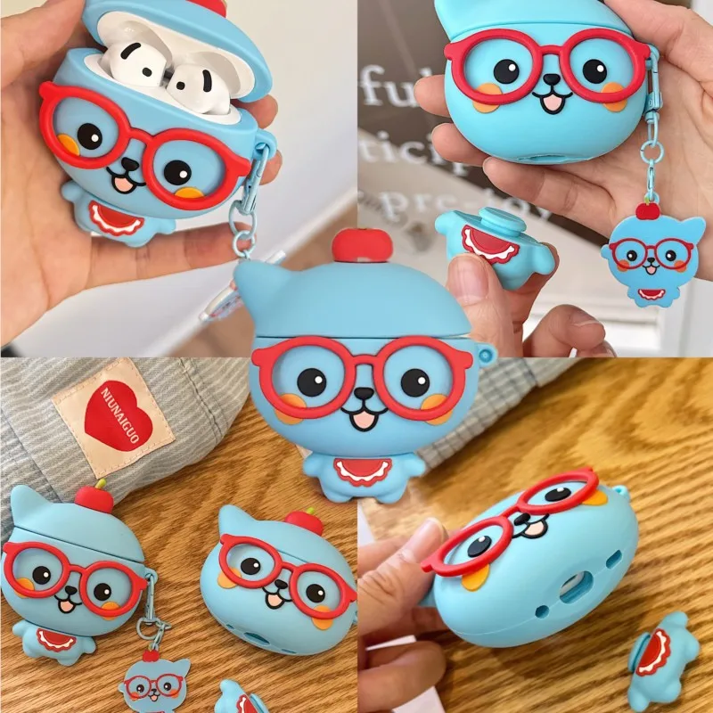 Funda de silicona con diseño de dibujos animados 3D Qoo para auriculares AirPods 3/4ª generación, AirPods Pro 1/2/3ª generación y gafas Apple, con llavero.