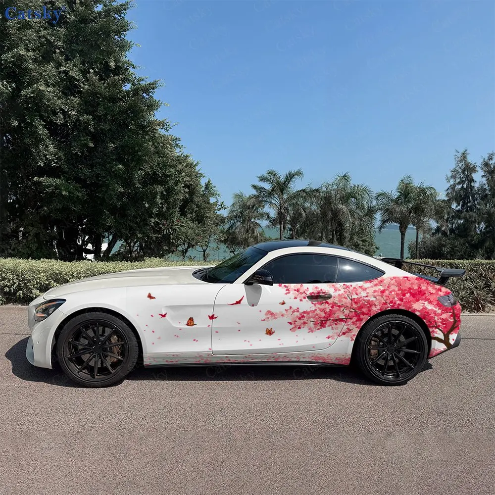 2pcs Cherry Blossom Fall Wave Rise, Durable, Fade-resistant, Enhance Vehicle Aesthetics With Bold Artistic Design Car Vinyl Wrap