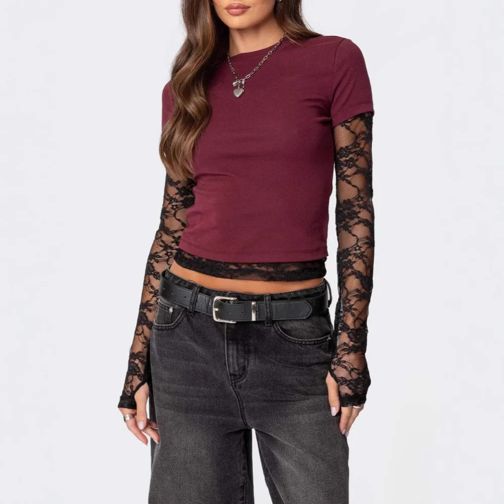 Two New Y2K Women's Lace Patchwork Sleeves Fake Long Sleeve Round Neck T Shirts