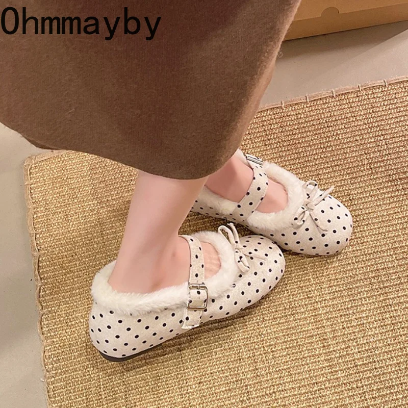 Internal Elevation Women Square Toe Mary Jane Shoes Polka Dot Strap Casual Flat Shoes Ladies Winter Warm Short Plush Dress Shoes - view 6