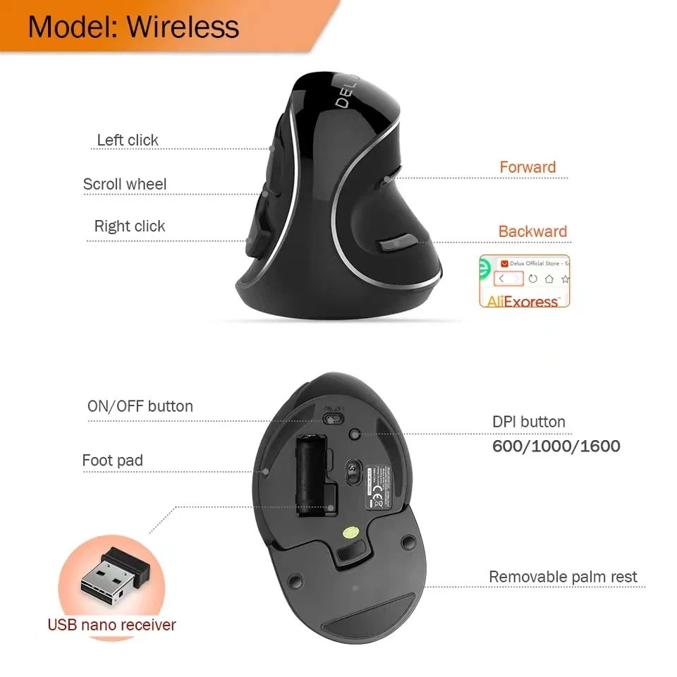 Imagem -06 - Plus Mouse Ergonômico Vertical para Jogos Botões 4000 Dpi Rgb com Fio Mouse Direito sem Fio para pc Laptop Computador Delux-m618