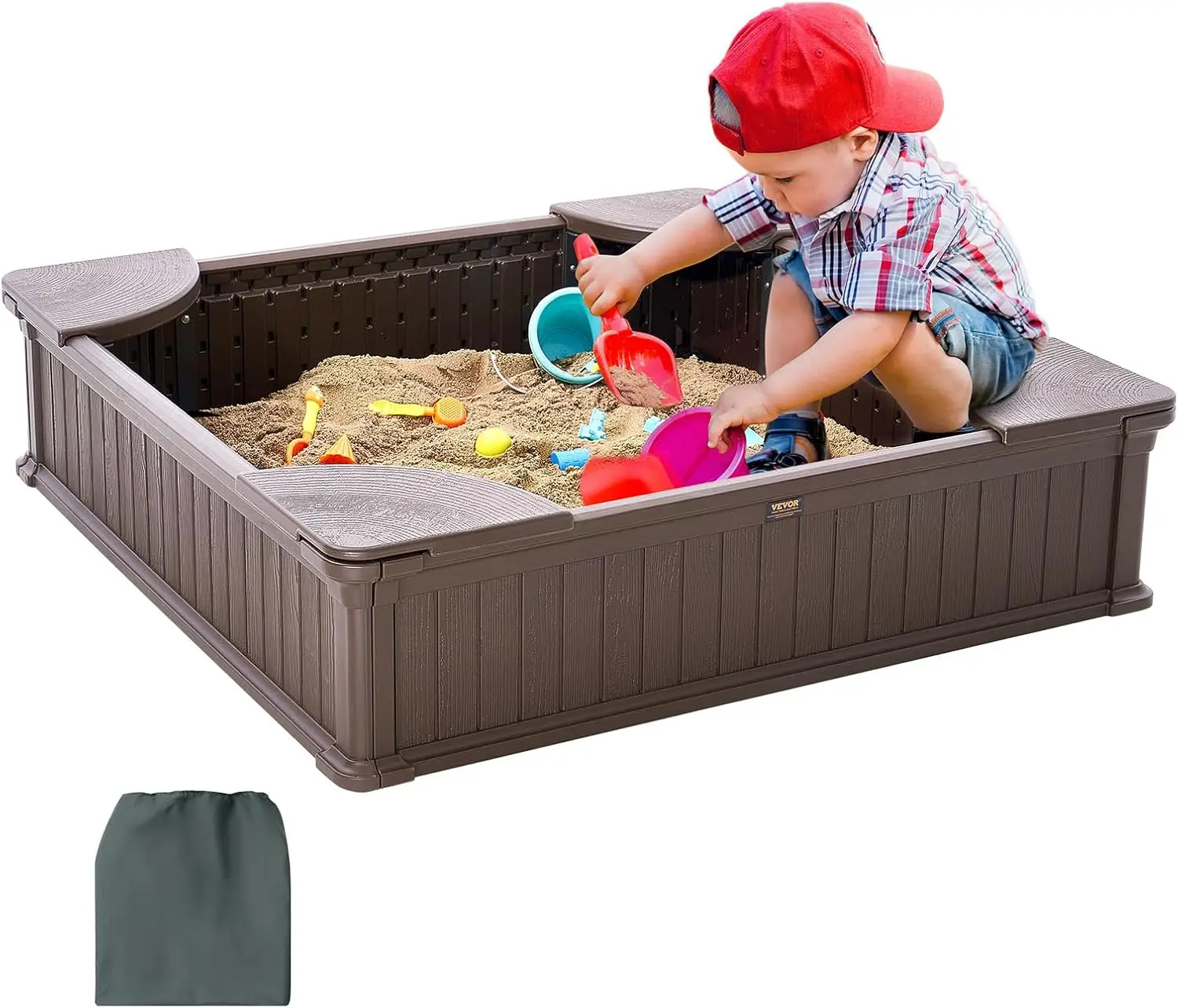 

Sandbox with Cover, 48.6''x48.6''x12.4'' Square Sand Box, Sand Pit with 4 Corner Seats & Bottom Liner, Gift for Ages 3-12 Y