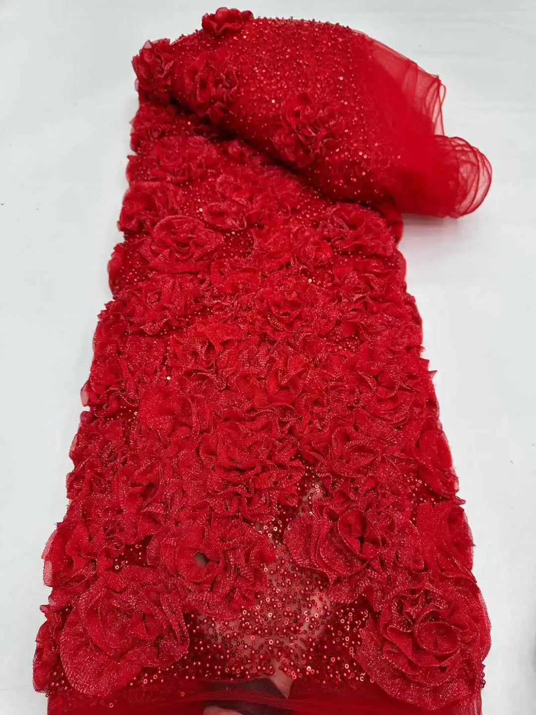 

African Lace Fabric 2025 High Quality French 3D Flower Sequins Embroidery Beads Tulle Lace Fabric For Party Dress