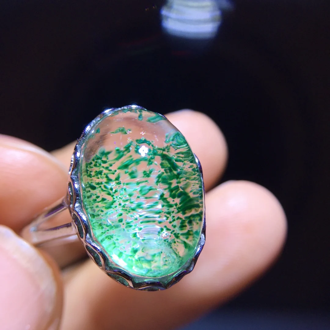 

Natural Green Phantom Adjustable Ring 15.2/10.8mm BIg Men 925 Silver Bead Phantom Women Men Jewelry AAAAAA