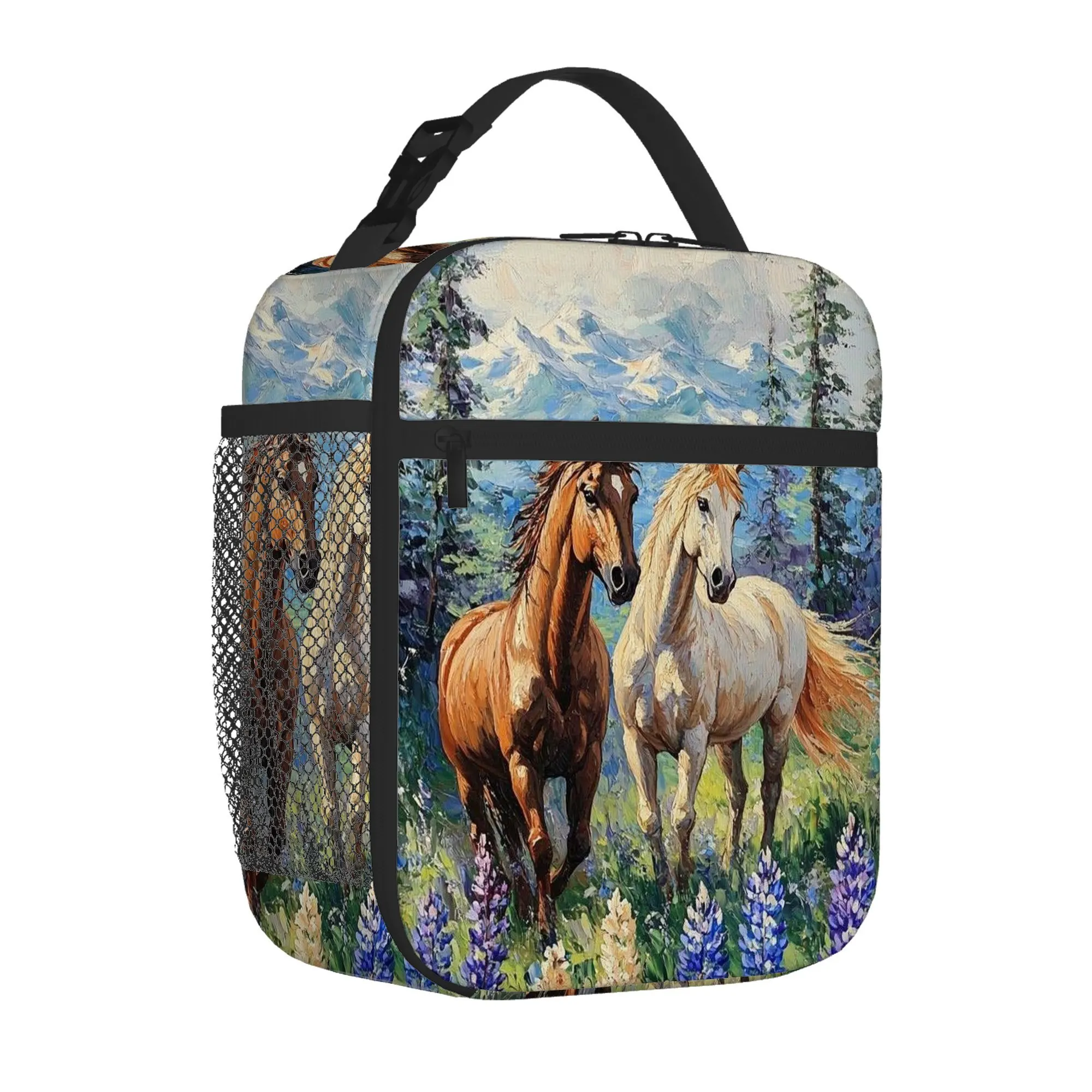 1pc Horse & Thermal Insulated Bag - Reusable Portable Cooler with Brown/White Horses Lavender Print