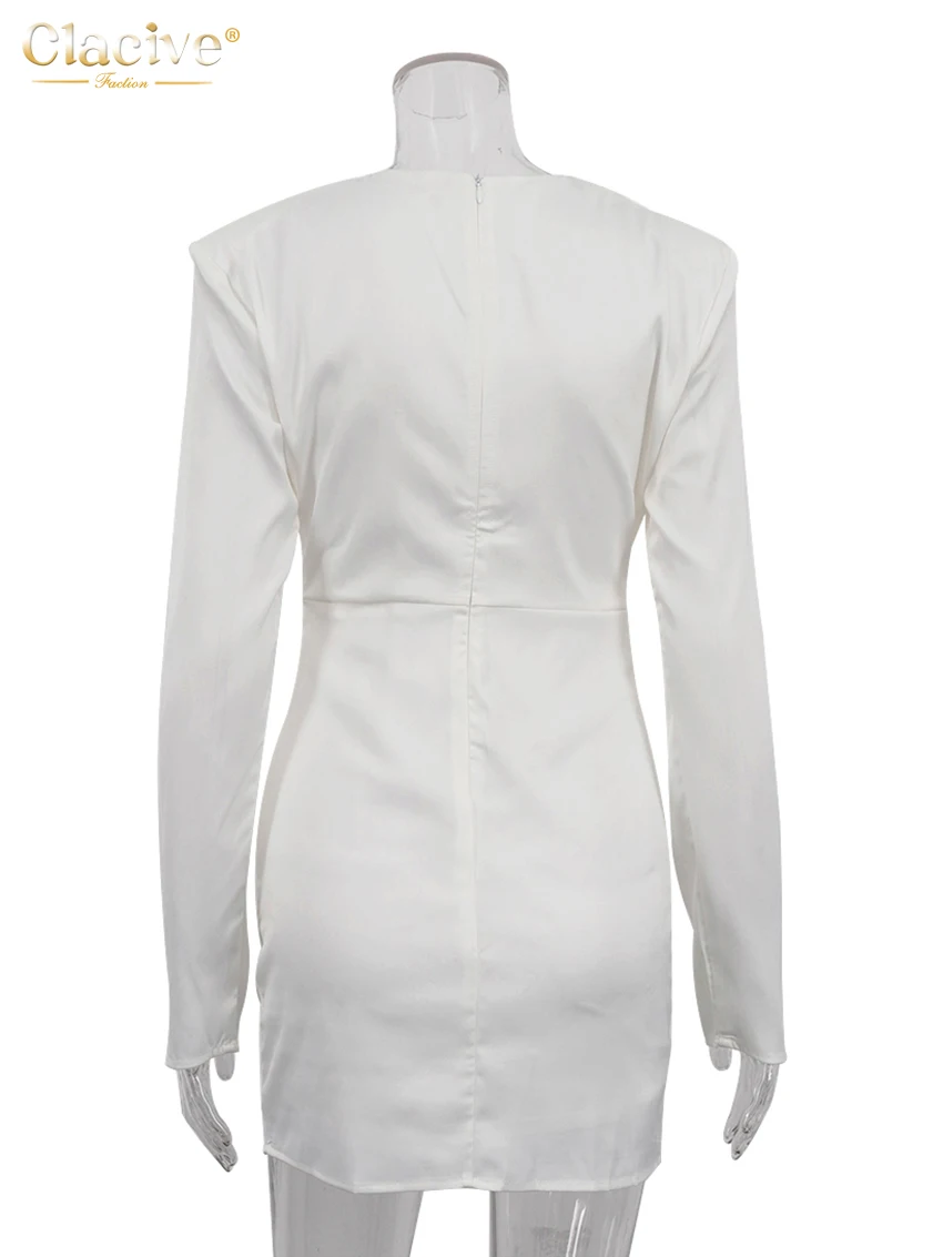 Clacive Casual Slim White Women's Dress Elegant O-Neck Long Sleeve Mini Dresses Fashion Classic Ruched Female Dress Streetwear
