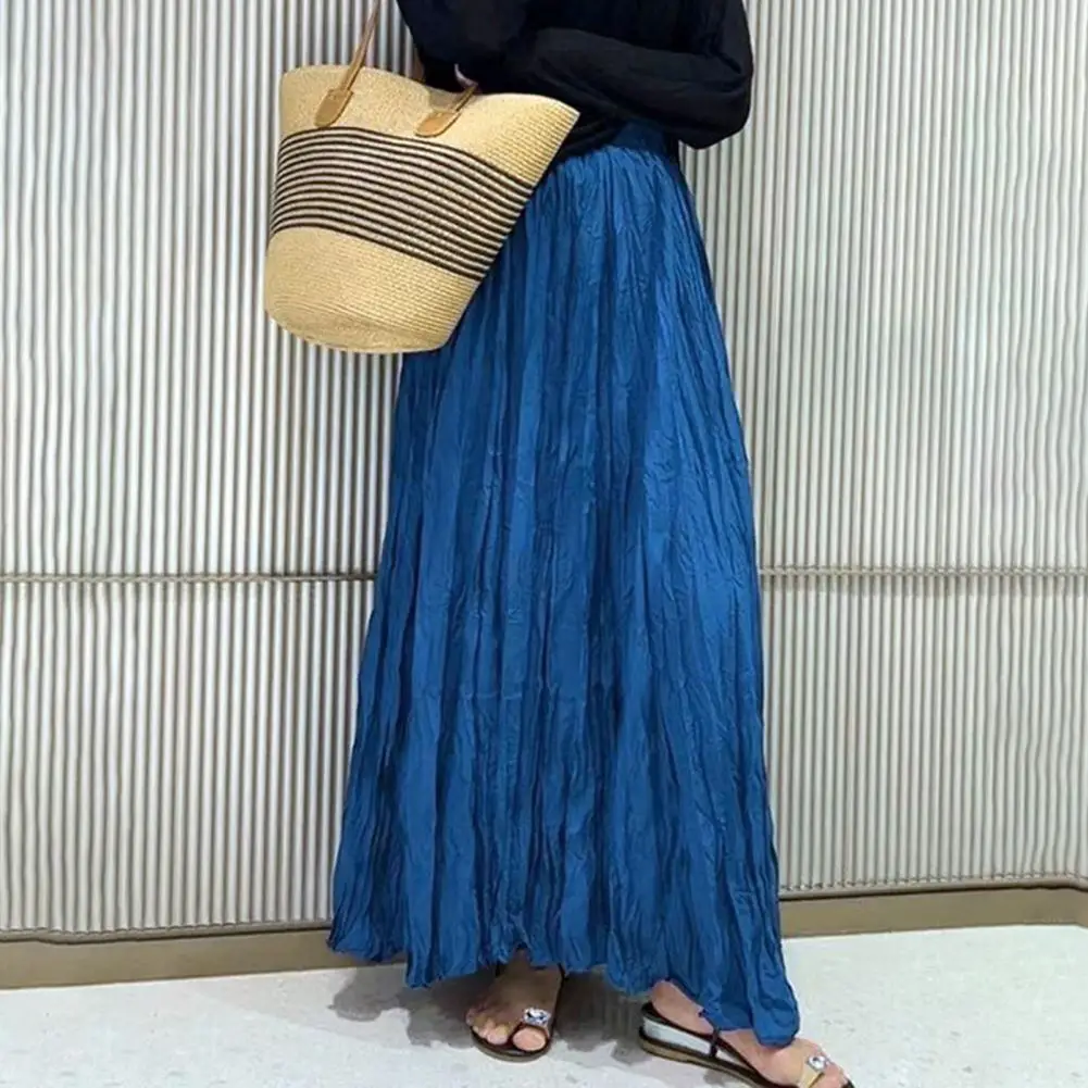 

Female Fashion Summer Pleated Skirts Elegant Long Versatile Solid Color Folds Elastic Waist Women's Casual Loose Skirts
