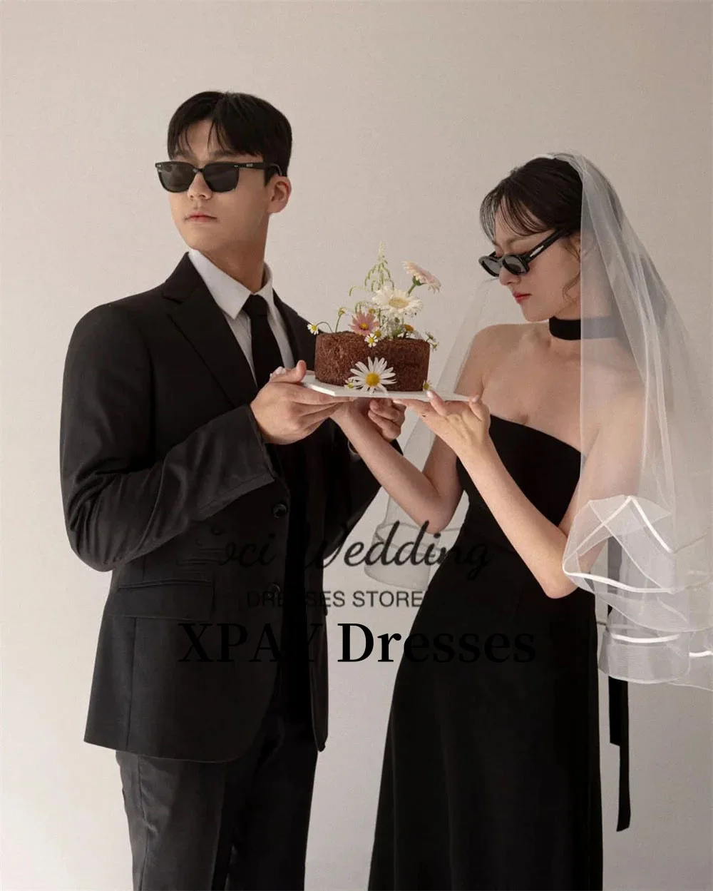 ชุดราตรีสีดำเรียบง่ายสไตล์เกาหลีสำหรับงานปาร์ตี้ ถ่ายภาพงานแต่งงาน แบบไร้สาย พร้อมผ้าคลุมไหล่ ไซส์พลัส ชุดเจ้าสาวแบบรัดตัวด้านหลัง