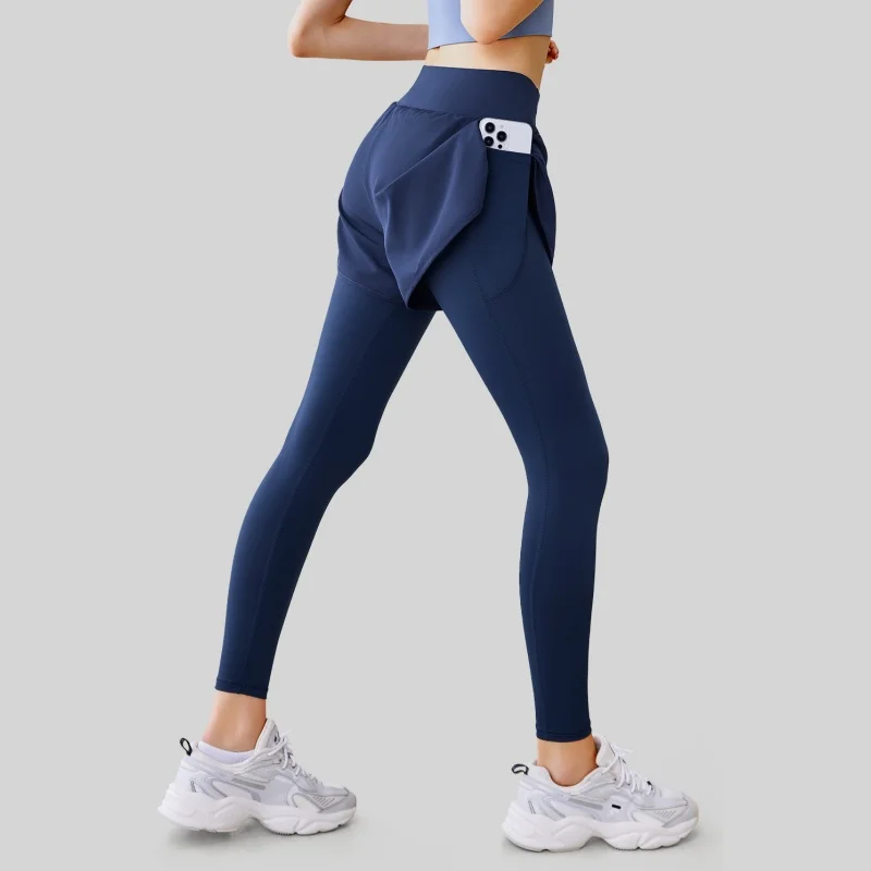 

Fake Two-piece Sport Leggings for Women 2-in-1 High Waist Seamless Pocket Yoga Pants Trainning Booty Lift Workout Elastic Tights