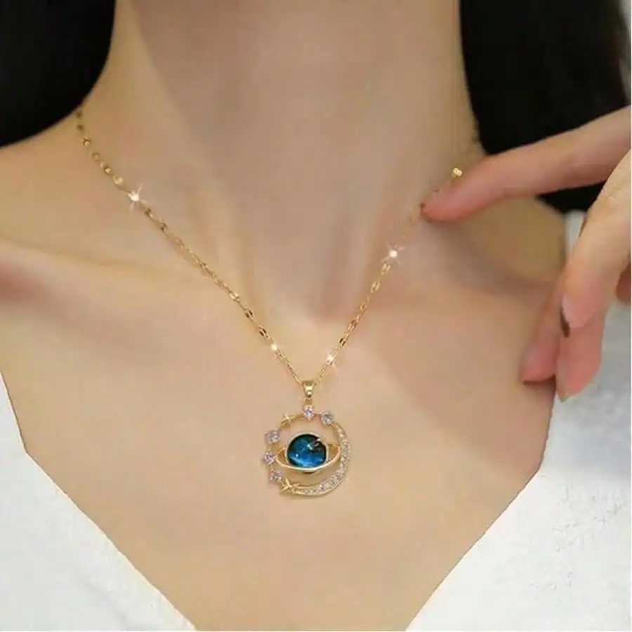 1 pieza Elegante Collar con Colgante de Planeta, Cadena Delicada con Micro Pavé de Cristal, Joyería de Moda para Mujer, Regalo para Verano, Uso Diario, Fiesta, Cumpleaños
