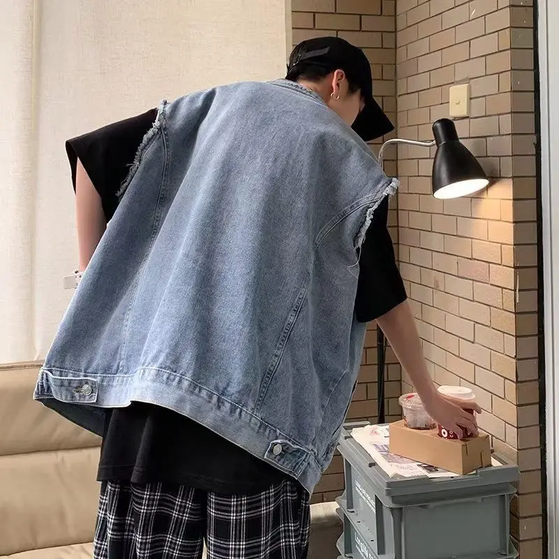 سترة رجالية للخريف موضة فضفاضة بكتف منسدل سترة مغسولة عتيقة لربيع الخريف متعددة الاستخدامات بدون أكمام #2