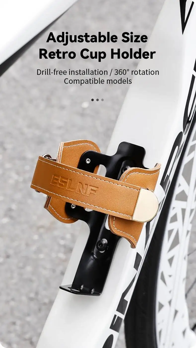 ESLNF Fahrradflaschenhalter, Retro-Stil, Rindsleder, Aluminiumlegierung, verstellbare Breite, Getränkehalter für Mountainbike, Rennrad, Faltrad – Detail 1