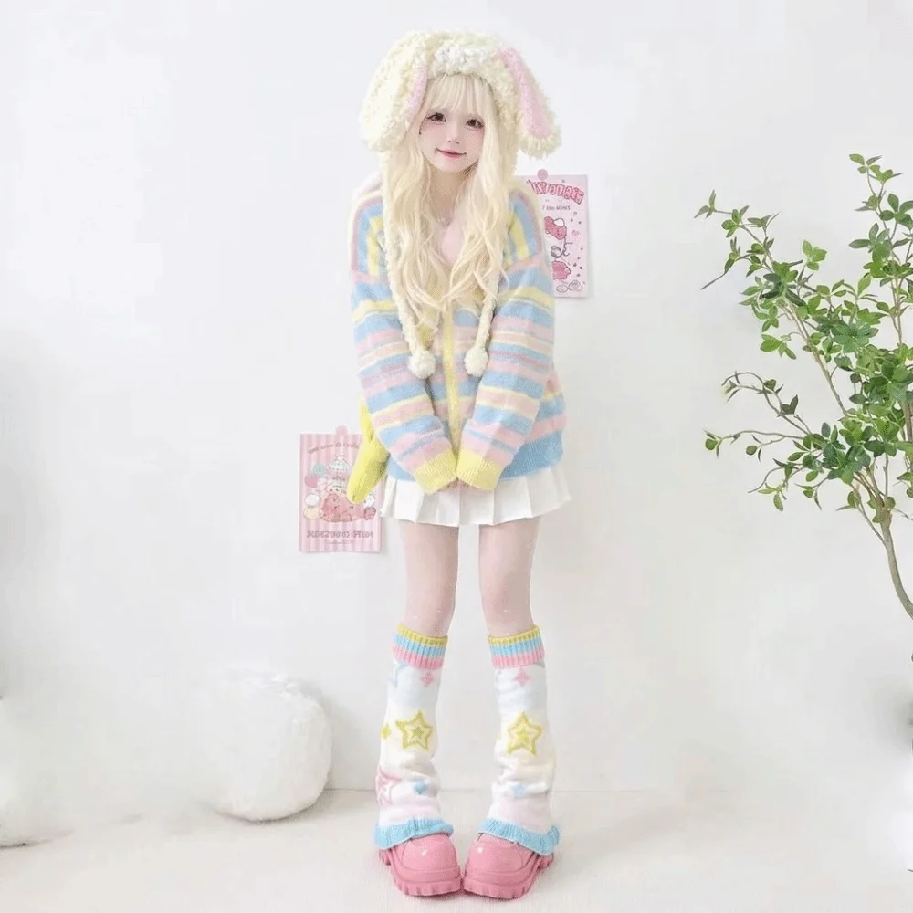 1 pair Jacquard Star Pattern Leg Warmers Rainbow Color Flared Design Knitted Socks Candy Color Footless Covers Women Girls