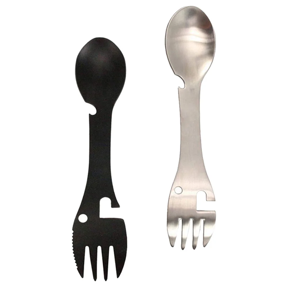 2 Pcs Integrated Knife and Fork Spoon Small Outdoor Spork Metal Sporks Backpacking Camping 5-in-1 Scoops