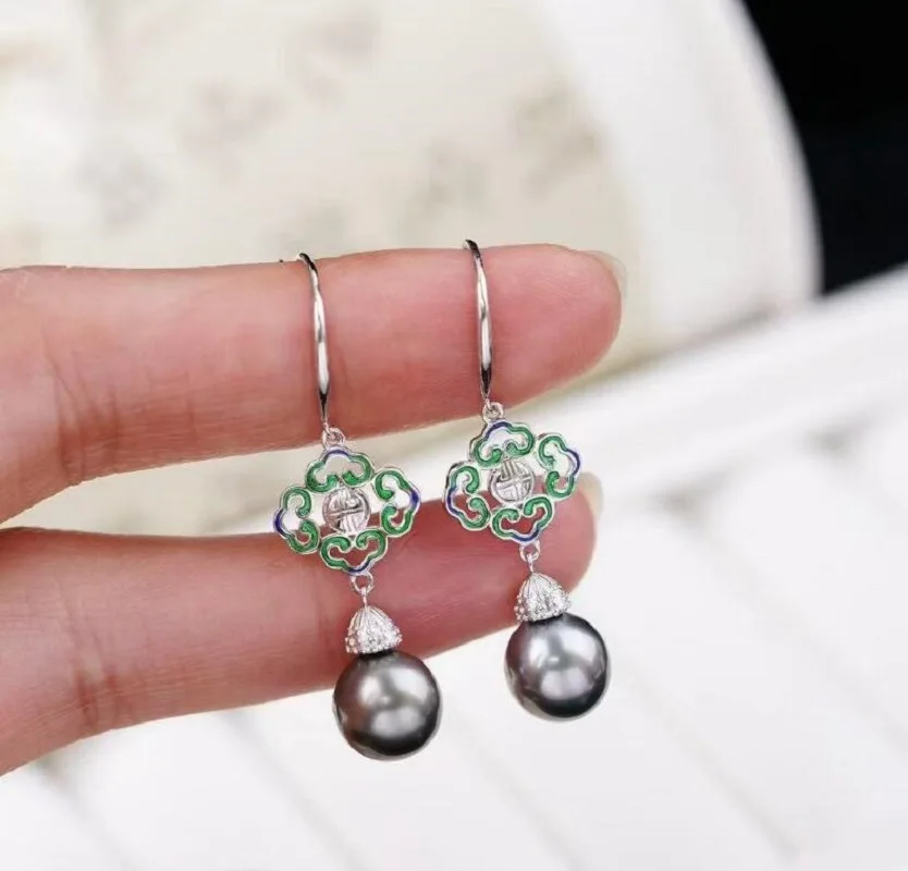 

Gorgeous 10-11mm 9-10mm South Sea Perfect Round Gold Black Pearl Dangle Earring 925s