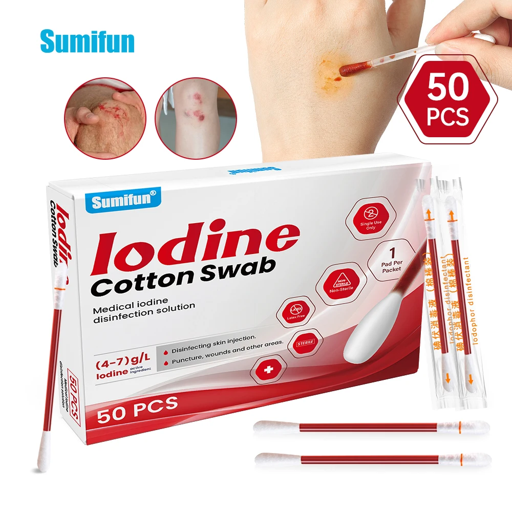 

Disposable 50pcs Medical Alcohol Emergency Care Sanitary Supplies Cotton Stick Iodine Swab Disinfected Swab Adults First Aid Kit