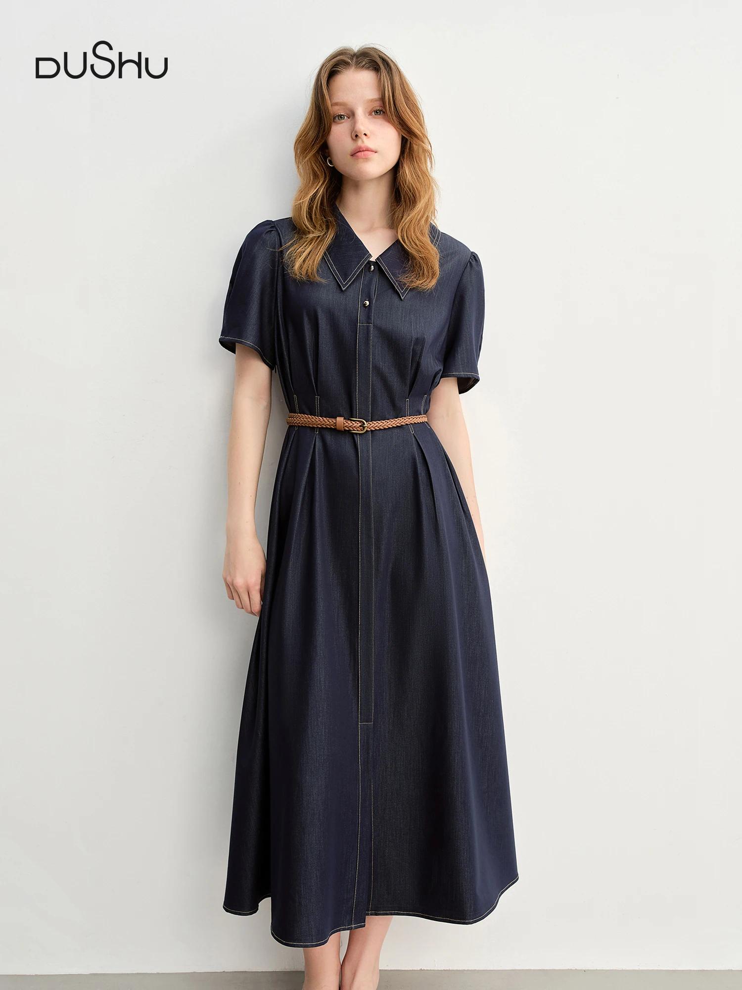 

DUSHU Plus-Size Women's Office Casual Vintage Slim-Fit Slimming Cowboy Dress 2025 Summer New Denim Skirt Without Belt 25DS82991