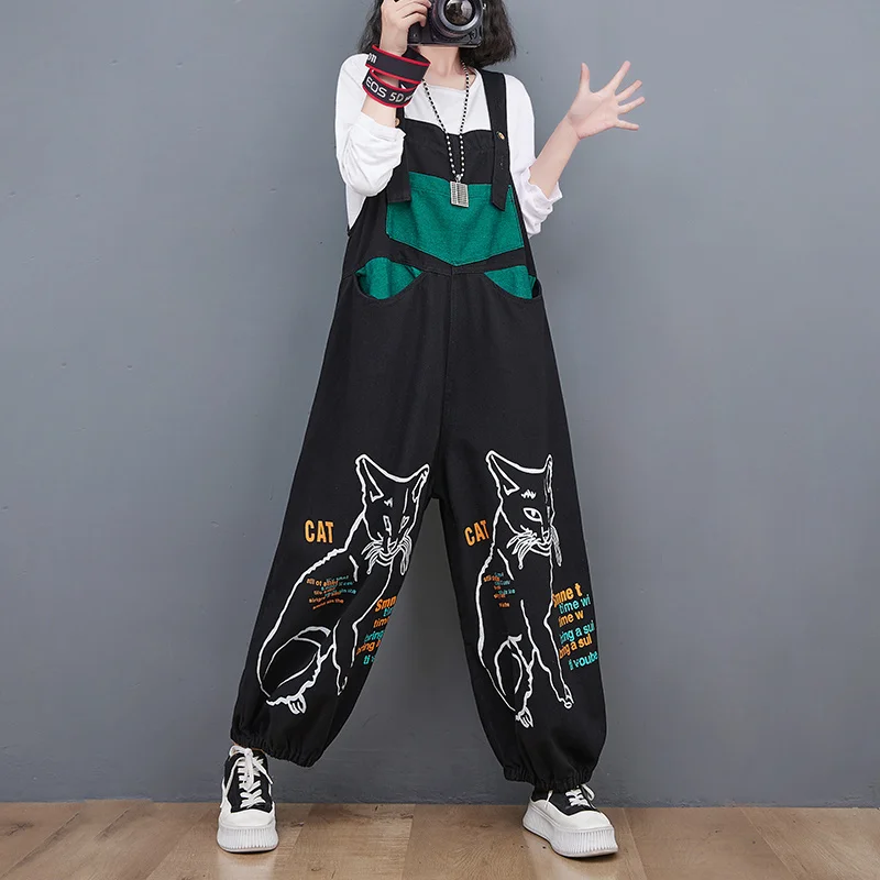 

#1460 Black Cartoon Printed Jumpsuits For Women Loose Vintage Streetwear Wide Leg Jumpsuits Ladies Denim Overalls Spliced Color