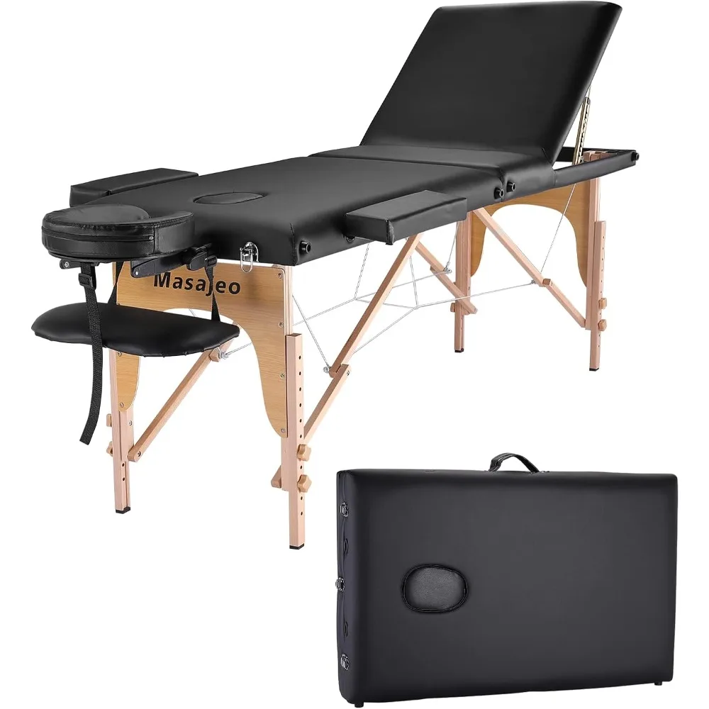 Portable Massage Table Massage Bed Professional SPA Reiki Eyelash Salon Bed, Wooden Frame Height Adjustment & Accessories