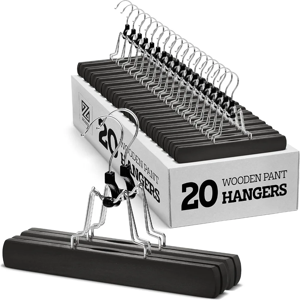 

High-Grade Wooden Pants Hangers with Clips 20 Pack Non Slip Skirt Hangers, Smooth Finish Solid Wood Jeans/Slack Hanger