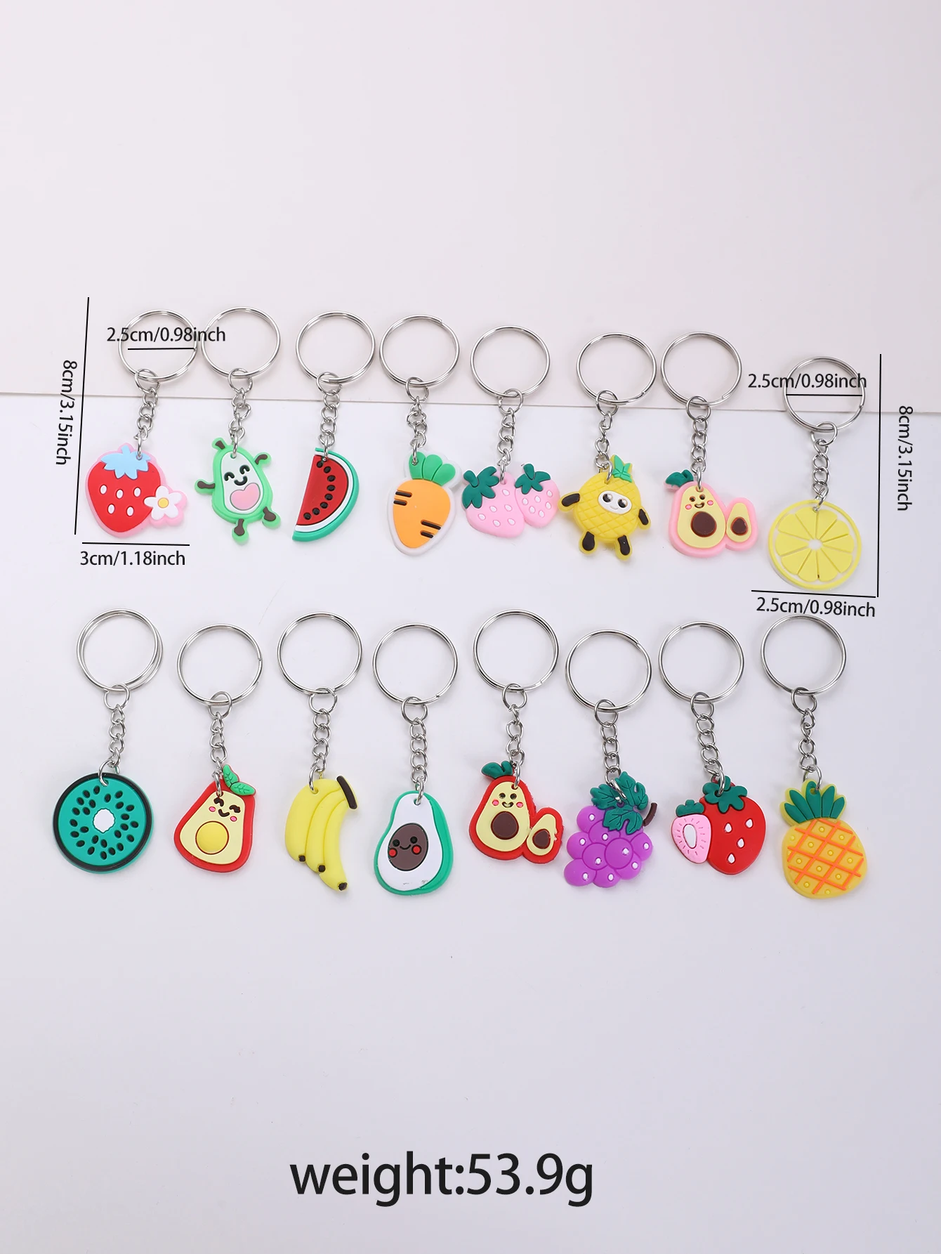 16pcs Cartoon PVC Fruit Design Keyring  Cute Strawberry Pattern Pendant Keychain Decor Purse Bag Charms Decoration For Car Bag