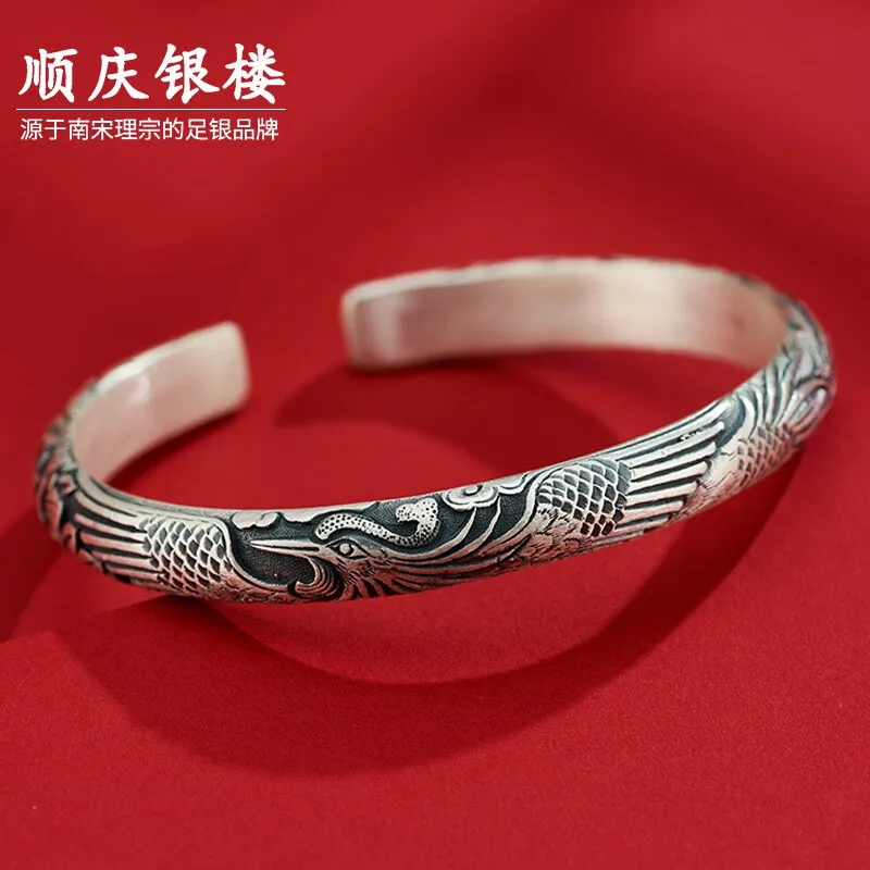 Shunqing Yinlou S9999 Phoenix Wear Peony Silver Bracelet Female to Give Mom Peony Blossom Fashion Silver Bracelet Silver Jewelry