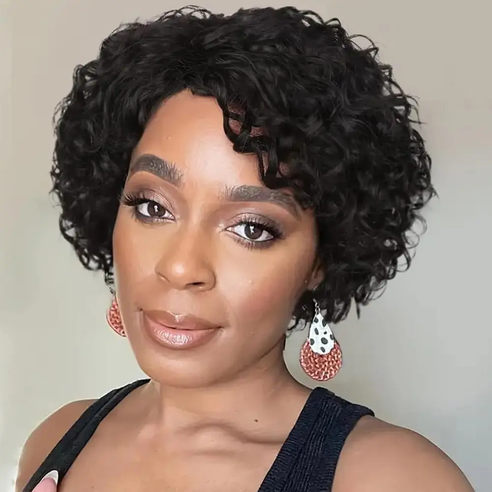 アフロカーリーショートピクシーカットフルマシンメイドウィッグ人毛女性用ナチュラル1bカラー