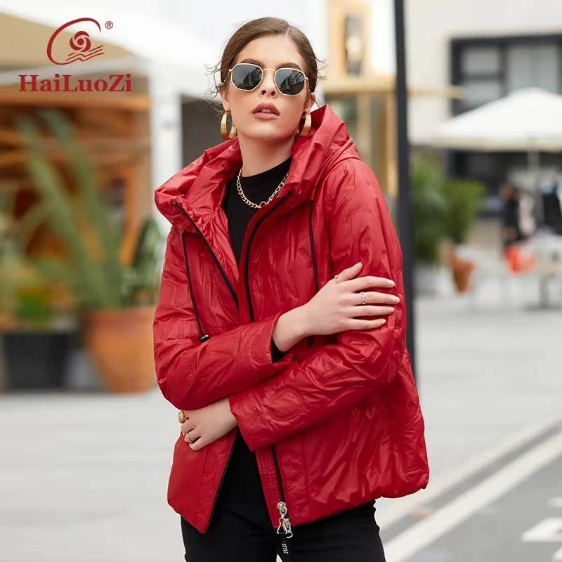 HaiLuoZi New 2023 Spring Fashion Women Coat Short Slim Warm Autumn Jacket Classic Solid Color Bio Cotton Zipper Hood Parkas 7051