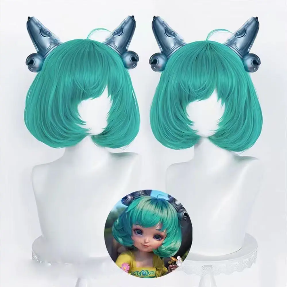 Honor of Kings Cai Wenji Cosplay Wig Teal Green Short Bob Wig With Horn Headwear Character Cosplay Wig For Halloween Comic Con