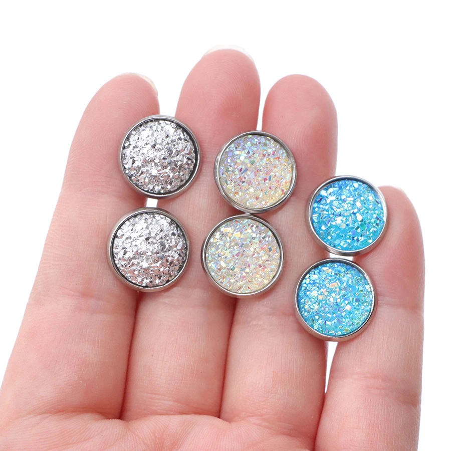 9pair/lot 9Colors Glitter  Round Stud Earrings Stainless Steel Jewelry for Women Colorful Resin Druzy Drusy Ear Studs Earrings