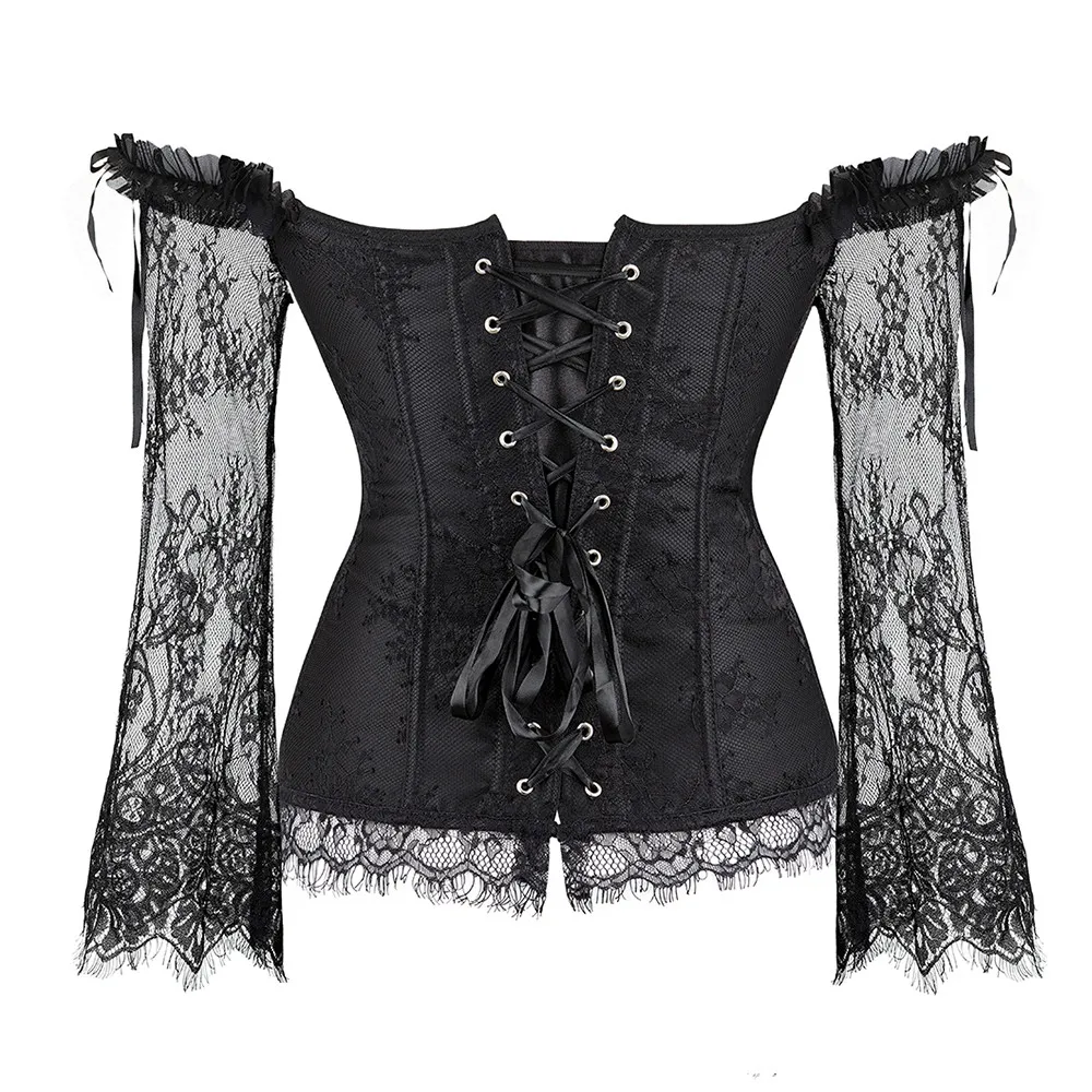 Vintage Women Sexy Bustier Off-Shoulder Sleeves Lace Embroidered Corset Gothic Blouse Overbust Corselet Top Lingerie Plus Size