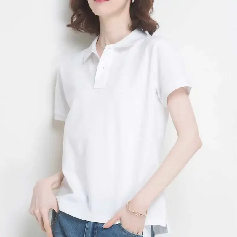 Polo Neck Shirt for Women Plain White Button 100℅ Cotton in Woman T Trend 2024 Clothing Pulovers Fashion Youthful Elegant Pretty