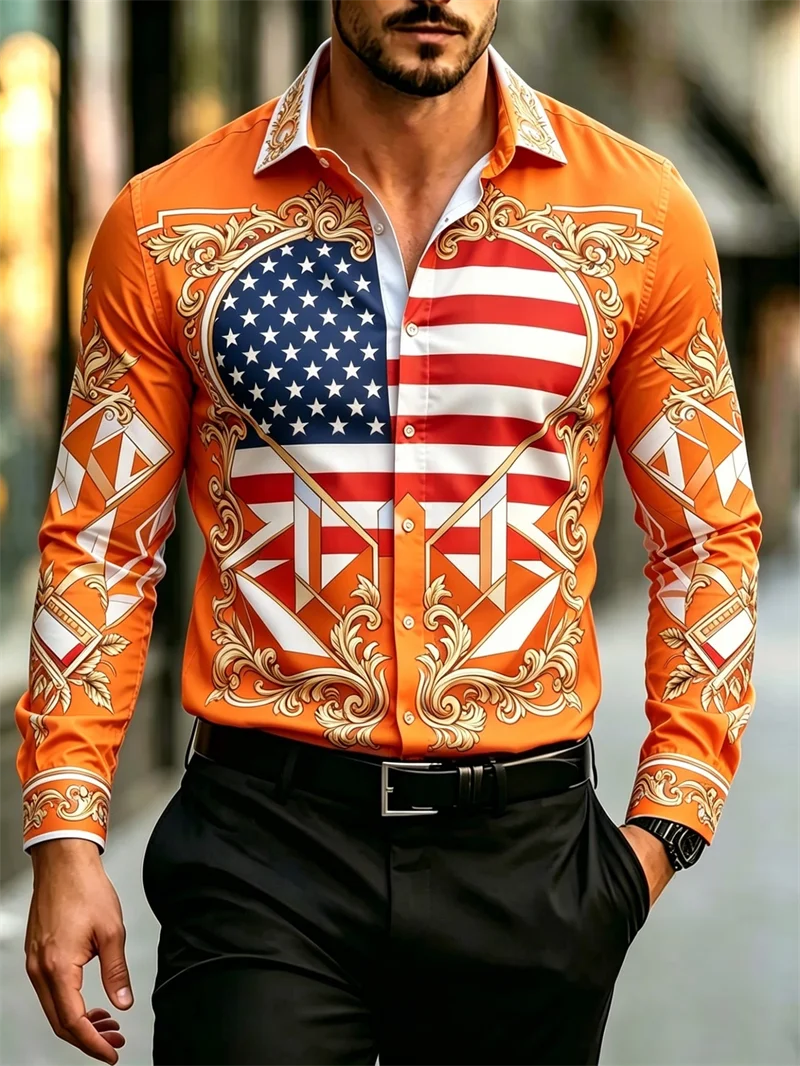 New Purple Satin European Castle Rose Print men's Long Sleeved Shirt Light Luxury Retro Slim Casual Shirt