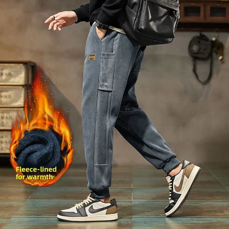 

Trendy Brand Men's Fce Lined Casual Pants Loose Fit Autumn Winter New Sle Versatile Loose Cuffed Long Trousers